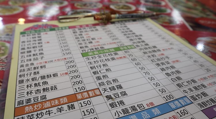 台湾のレストランのメニュー表